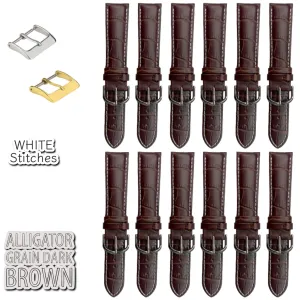 12PCS Alligator Grain Dark Brown Leather Watch Band (12MM-30MM   XXL Sizes) Padded w/White Stitches