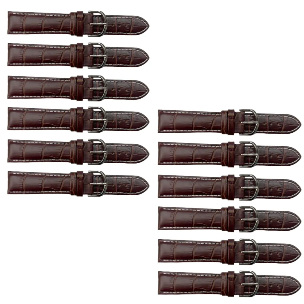 12PCS Alligator Grain Dark Brown Leather Watch Band (12MM-30MM   XXL Sizes) Padded w/White Stitches