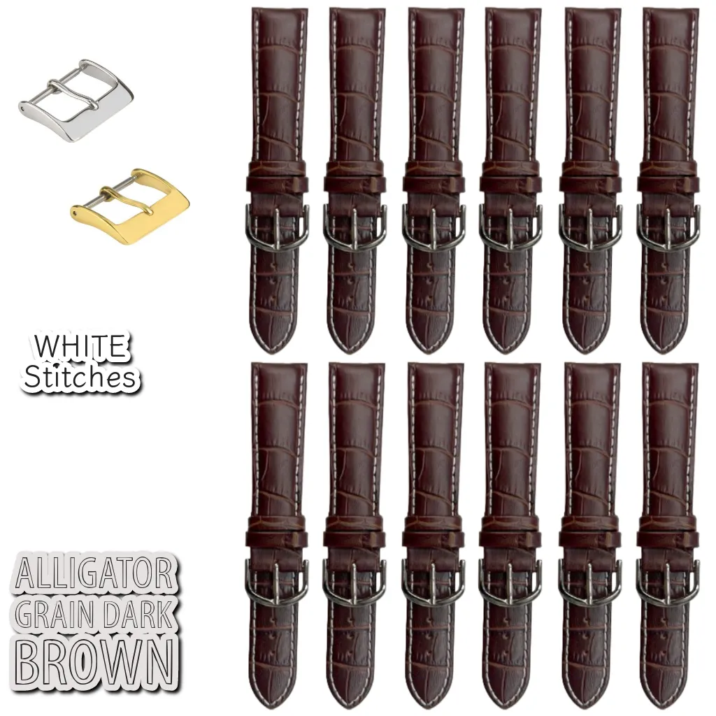 12PCS Alligator Grain Dark Brown Leather Watch Band (12MM-30MM   XXL Sizes) Padded w/White Stitches